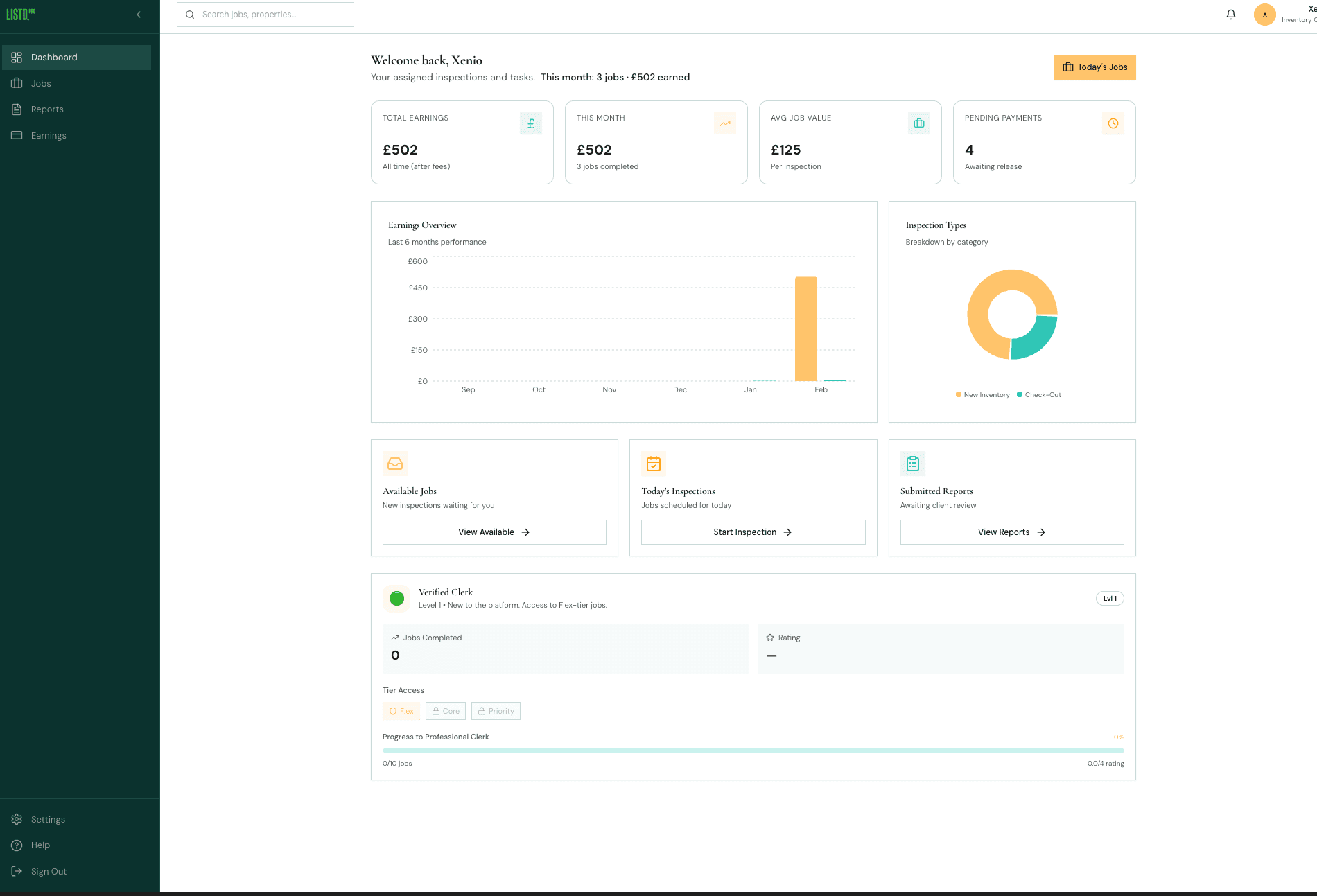 LISTD Pro dashboard showing earnings, charts, and job management